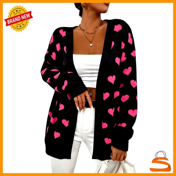Sweaters - Heart Print Cardigan Open Front Knit Sweater with Pockets Valentine's Day Chic